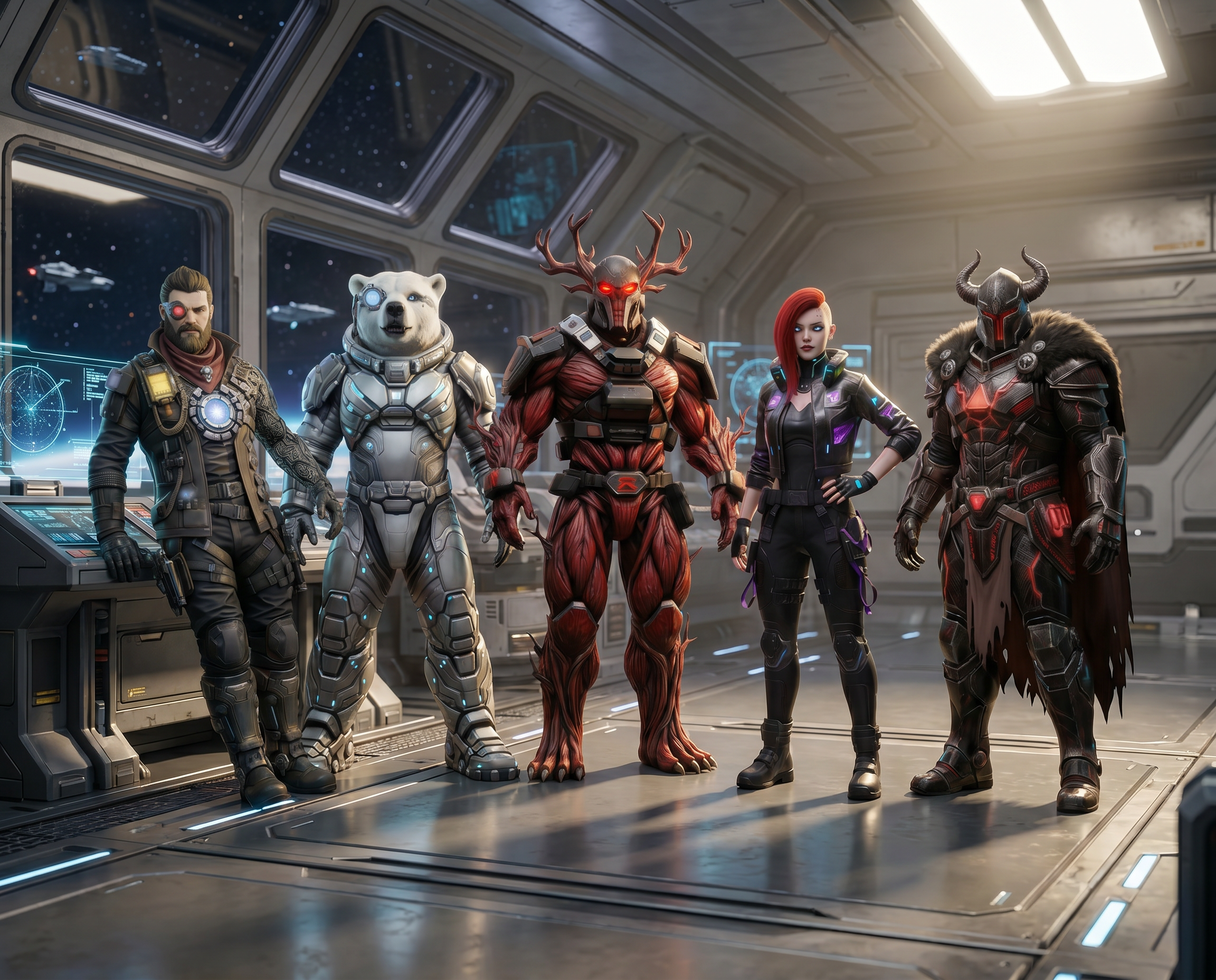 Misfit Galaxy clone lineup in a sci-fi factory bay